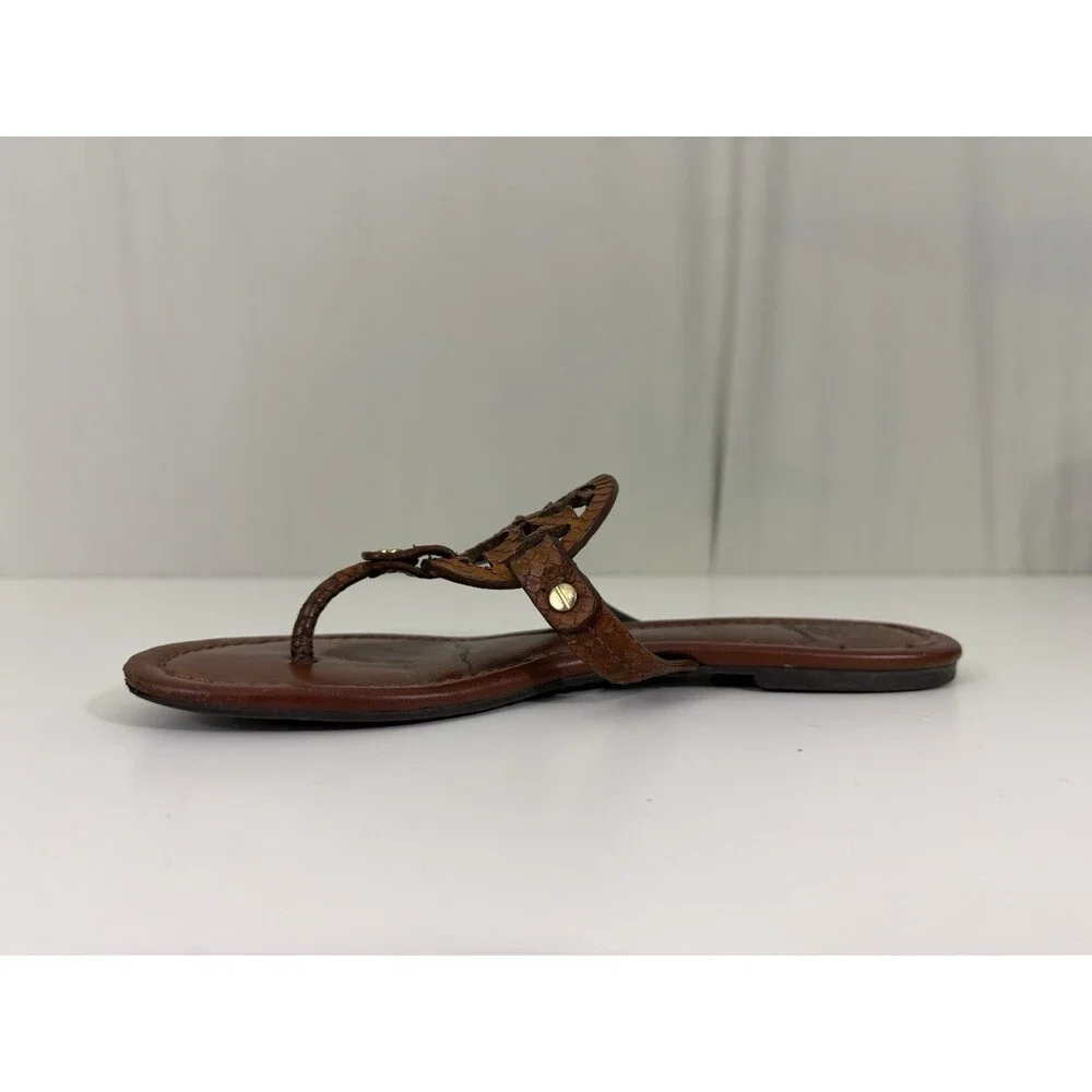 Tory Burch Miller Sandal Logo Brown Leather Model Off Duty Sz 7 M